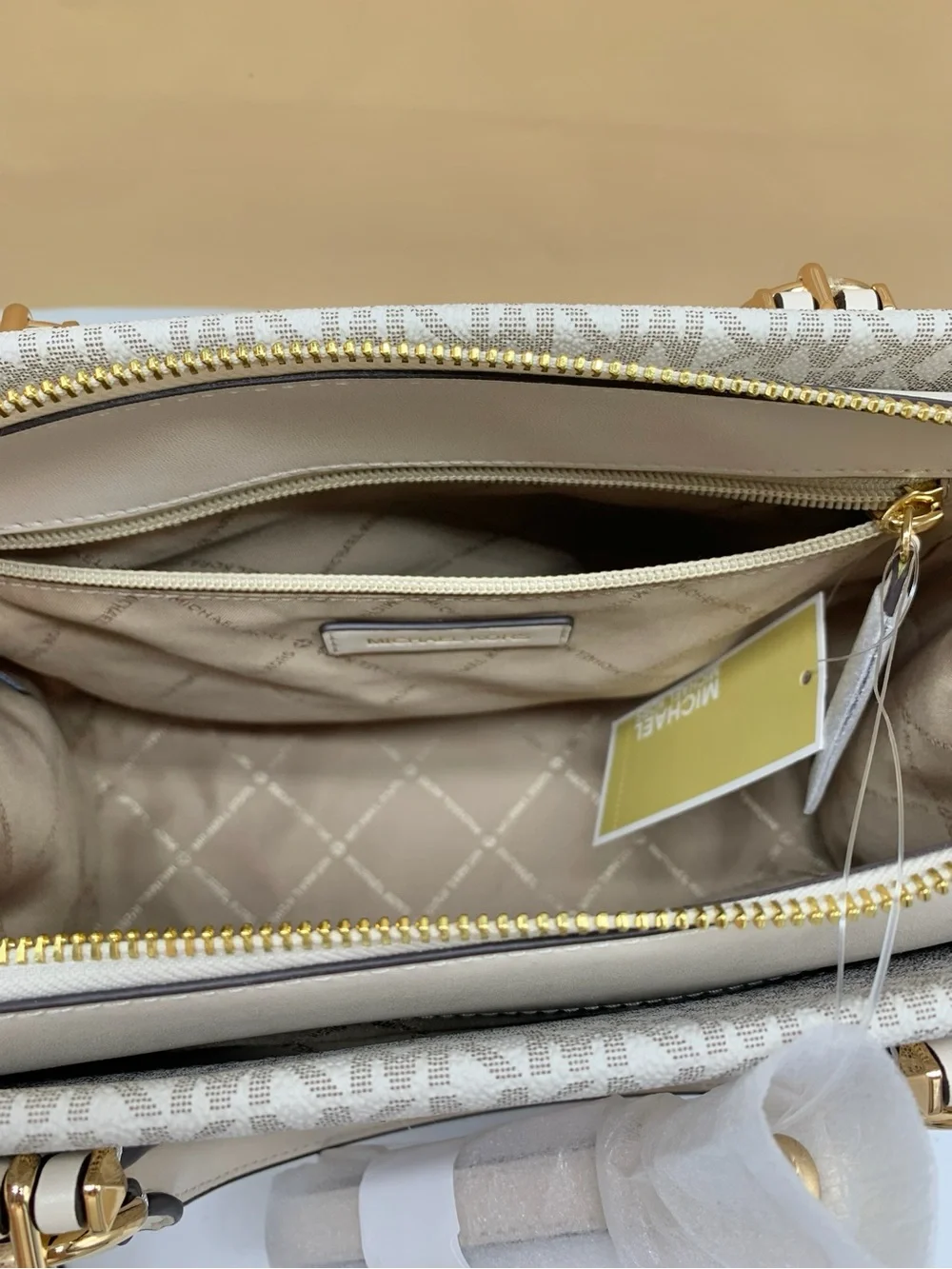 Michael Kors Marilyn medium LigCream Signature Satchel with Pink Floral Accents